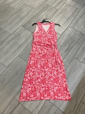 Lands' End Pink Floral Sleeveless Midi Wrap Dress